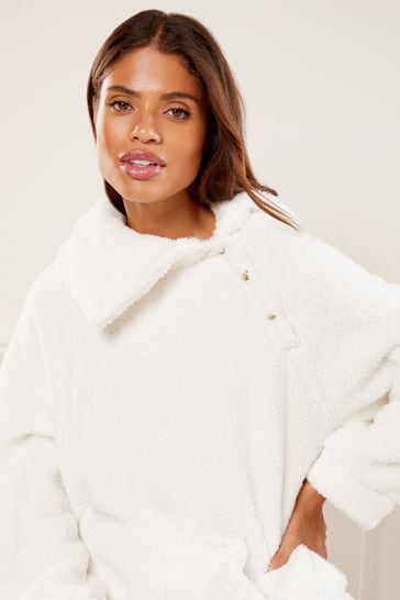 Lipsy Ivory White Supersoft Cosy Teddy Borg Envelope Lounge Top