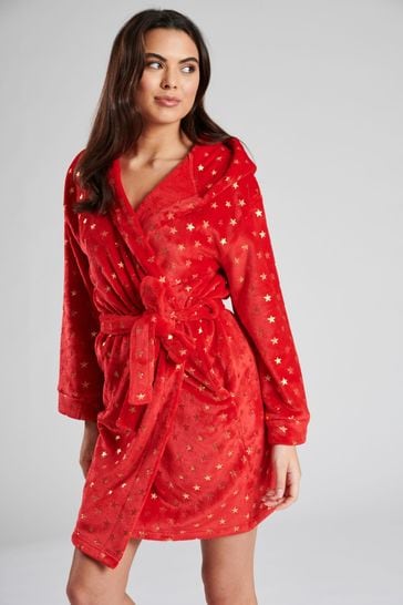 Loungeable Red Foil Star Flannel Fleece Hooded Dressing Gown