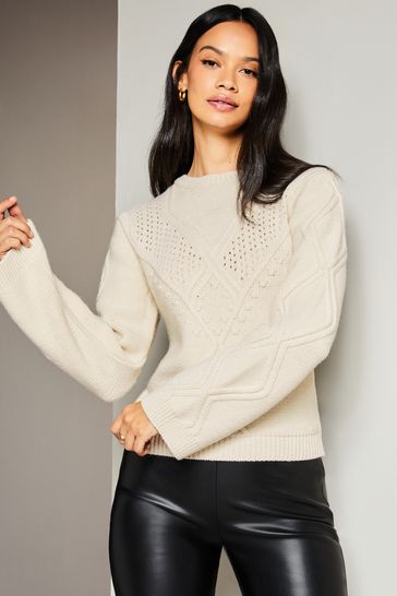 Lipsy Ivory White Stitch Mix Wide Sleeve Knitted Jumper