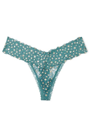 Victoria's Secret French Sage Green Twinkling Stars Foil Print Thong Lace Knickers