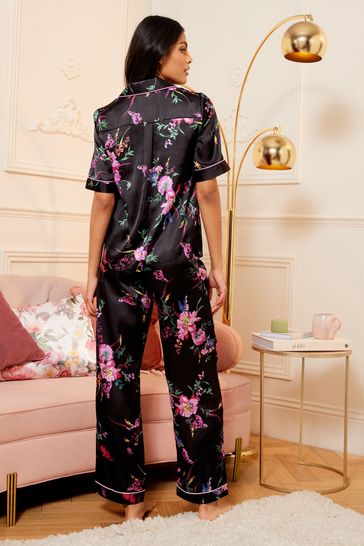 V A Love Roses Black Floral Button Through Short Sleeve Pyjamas