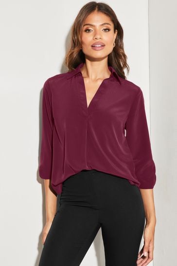 Lipsy Berry Red V Neck 3/4 Sleeve Collared Blouse