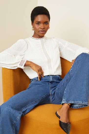 Buy Love Roses Ivory White High Neck Lace Trim Long Sleeve