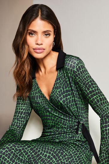 Green snake print wrap dress shop