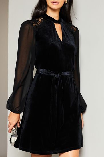 Buy Lipsy Black Velvet Long Sleeve Keyhole Belted Mini Dress from