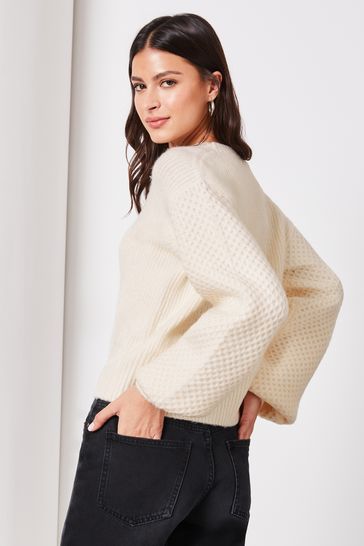 Buy Lipsy Ivory White Petite Long Puff Sleeve Knitted Cardigan