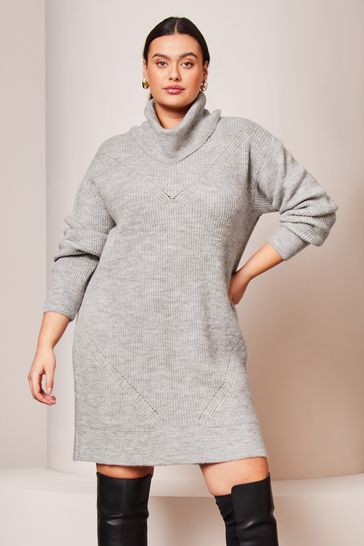 Lipsy Grey Curve Long Sleeve Cowl Neck Knitted Jumper Dress