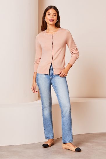 Buy Lipsy Pale Pink Petite Scallop Detail Crew Neck Button Through