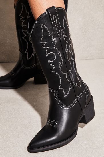 Lipsy Black Contrast Pull On Calf Pointed Western Cowboy Heel Boot