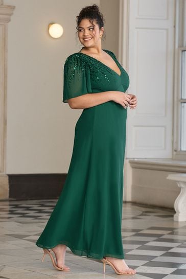 Lipsy Forest Green Flutter Sleeve Hand Embellished Bridesmaid Dress