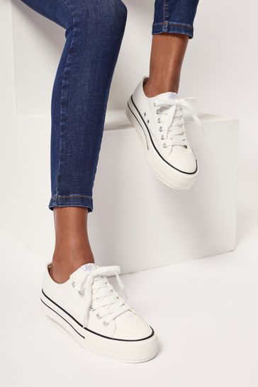 Lipsy White Wide Fit Flatform Lace Up Canvas Chunky Trainer