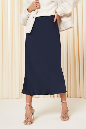 Friends Like These Navy Blue Satin Bias Midi Skirt