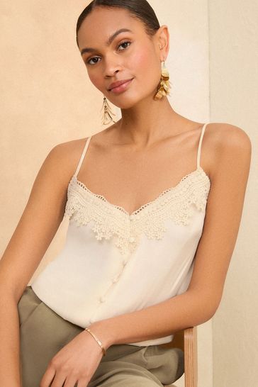 Love & Roses Ivory White Lace Trim V Neck Cami Vest Top