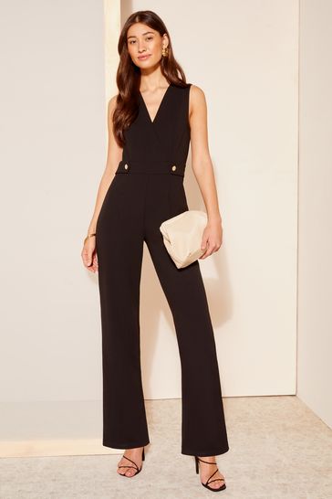 Friends Like These Black Petite Wrap Front Detail V Neck Tailored Jumpsuit