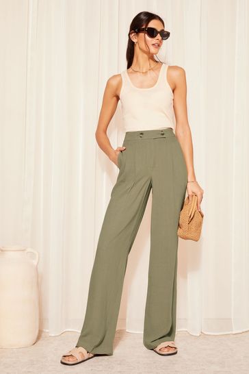 Friends Like These Khaki Green Wide Leg Trousers With Linen