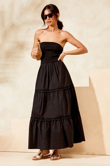 Lipsy Black Shirred Bandeau Strapless Hybrid Maxi Dress