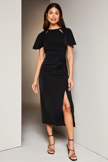 Lipsy Black Petite Ruched Button Front Sleeved Midi Dress