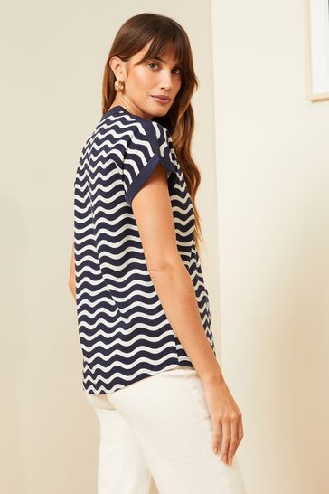 Love & Roses Navy Blue Wave Stripe Jersey V Neck Woven Trim Shorts Sleeve  T-Shirt