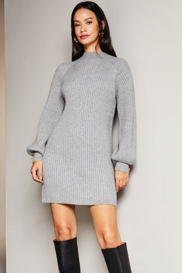 Lipsy Charcoal Grey Long Sleeve High Neck Knitted Mini Dress