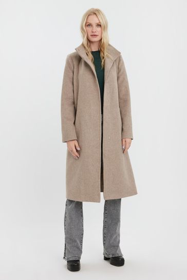 VERO MODA Brown Funnel Neck Belted Coat With Wool Mix