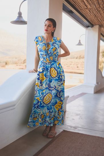 Blue/Yellow Leaf Print Tie Front Short Sleeve Maxi Dress