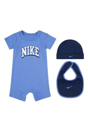 Nike Blue Baby Hat Romper and Bib 3 Piece Set