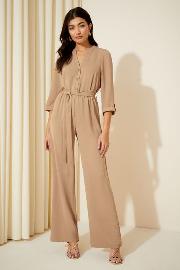 Friends Like These Stone Cream 3/4 Sleeve Belted Woven Wide Leg Jumpsuit