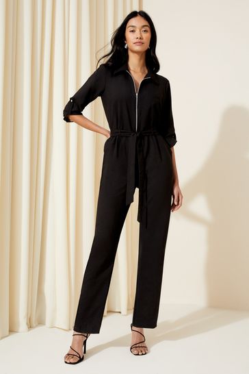 Friends Like These Black Woven Fabric Belted Waist Jumpsuit