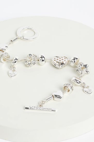 Lipsy Jewellery Silver Pave Crystal Heart Charm Bracelet