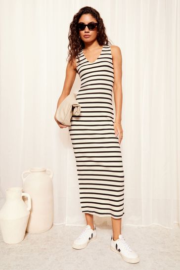 Friends Like These Ivory White V Neck Ribbed Midi Dress