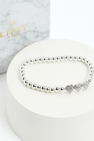 Lipsy Jewellery Silver Tone Crystal Heart Charm Stretch Bracelet Gift