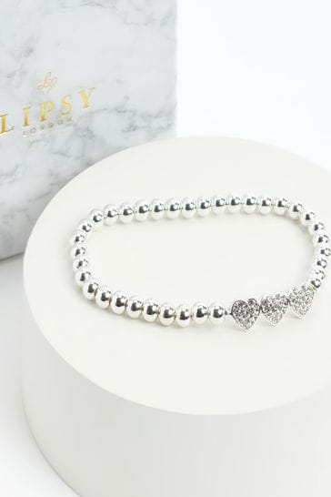 Lipsy Jewellery Ezüst tónusú kristály Szív bűbáj Stretch karkötő Ajándék