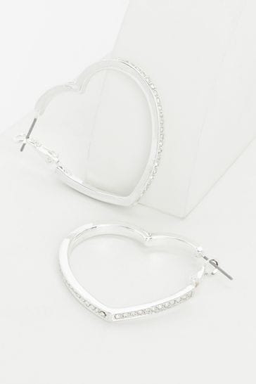 Lipsy Jewellery Silver Tone Crystal Heart Hoop Earrings