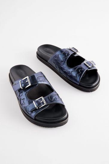 Navy Metallic Leather Western Footbed Sandals