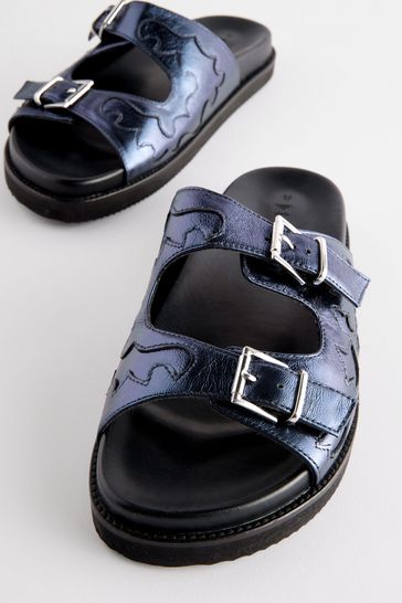 Buy Navy Metallic Leather Western Footbed Sandals from Next Netherlands