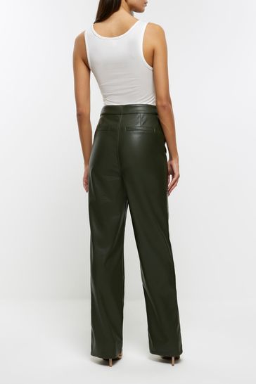 Buy River Island Dark Green High Rise Straight Leg Coated Trousers from Next Bahrain