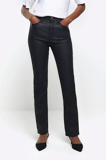 River Island Black High Rise Slim Straight Coated Jeans