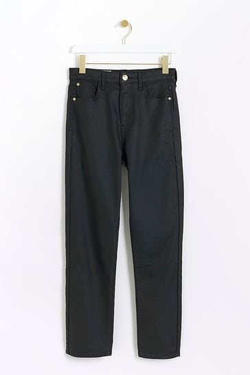 Buy River Island Black High Rise Slim Straight Coated Jeans from