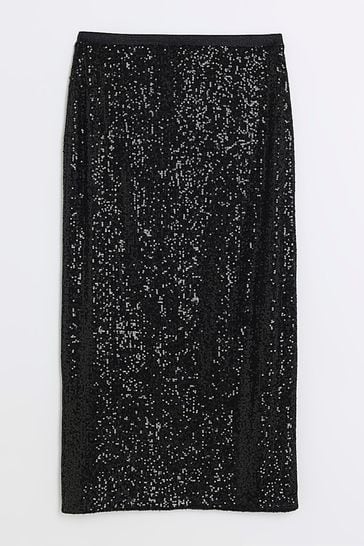 Black sequin midi skirt river island shop