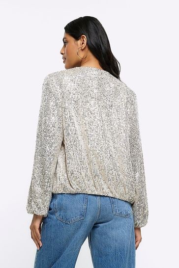 River island silver sequin blazer sale