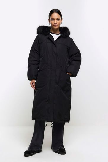 River Island Black Faux Fur Trim Parka