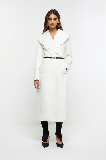 River Island Cream Shawl Cinched Waisted Coat