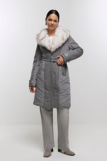 River Island Grey Faux Fur Collar Belted Jacket Jacket