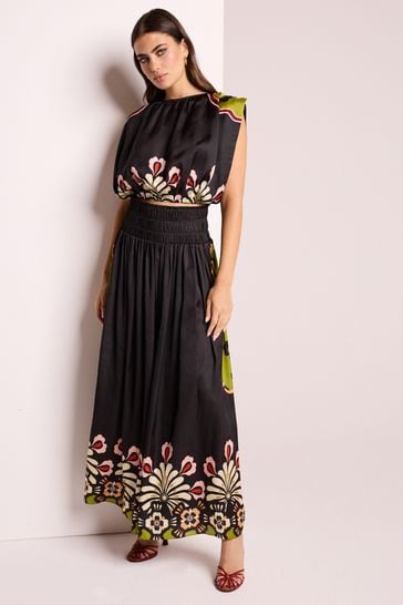 Black Satin Bright Floral Print Maxi Skirt