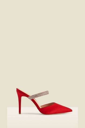 Buy Sosandar Red Sofia Satin Diamante Strap Pointed Toe Mules from