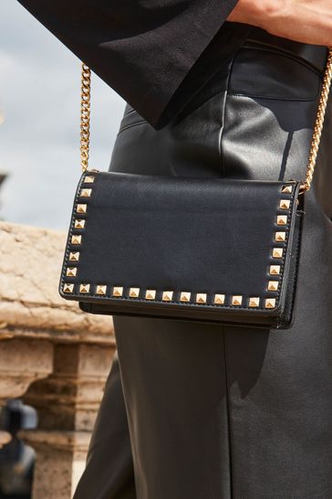 Sosandar Black Faux Leather Stud Detail Flap Bag