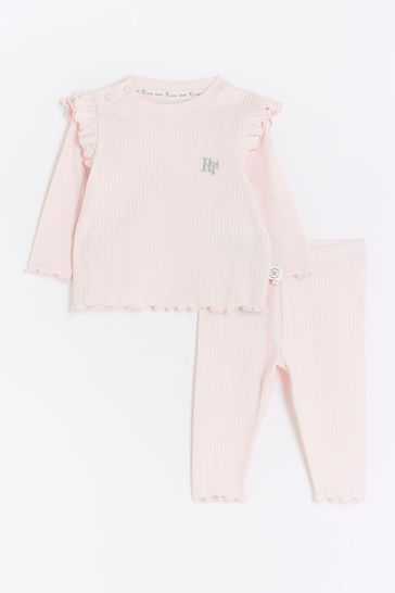 River Island Pink Baby Girls Frill Rib Set