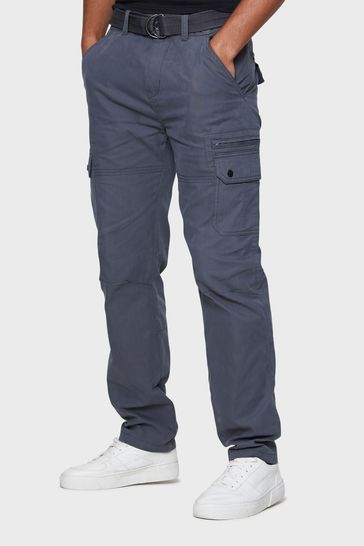 Threadbare Grey Cotton Blend Belted Cargo Trousers