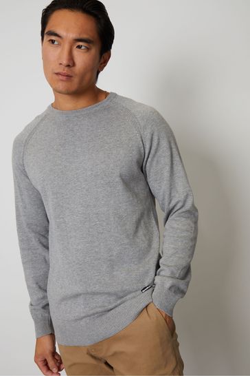 Suéter gris de punto ligero de algodón con cuello redondo de Threadbare