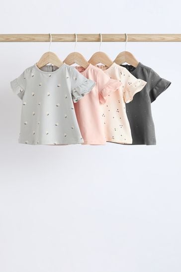 Grey/ Pink Flower Print Baby Short Sleeve Top 4 Pack